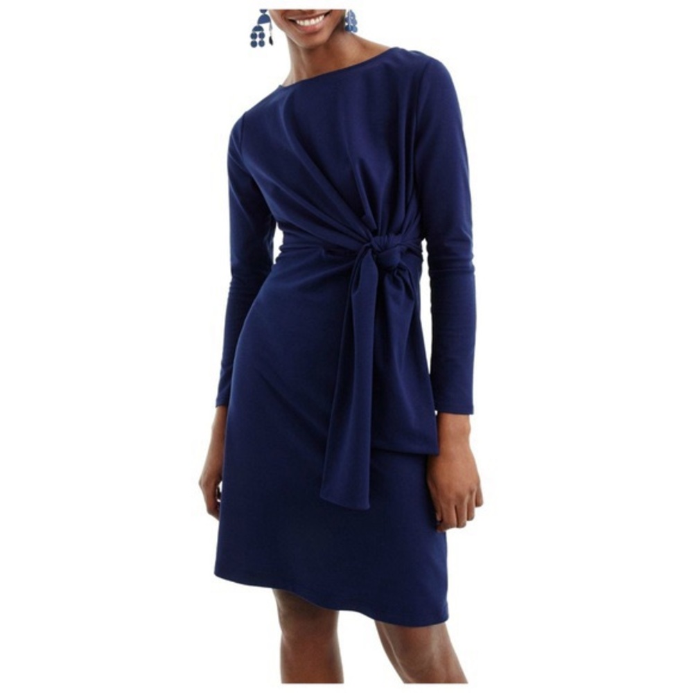 J. CREW Navy Drapey Tie Waist Dress Long Sleeve M